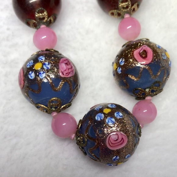 RARE Large Venetian Wedding Cake pink-Purple handmade Glass Bead Necklace 18” - Picture 2 of 15